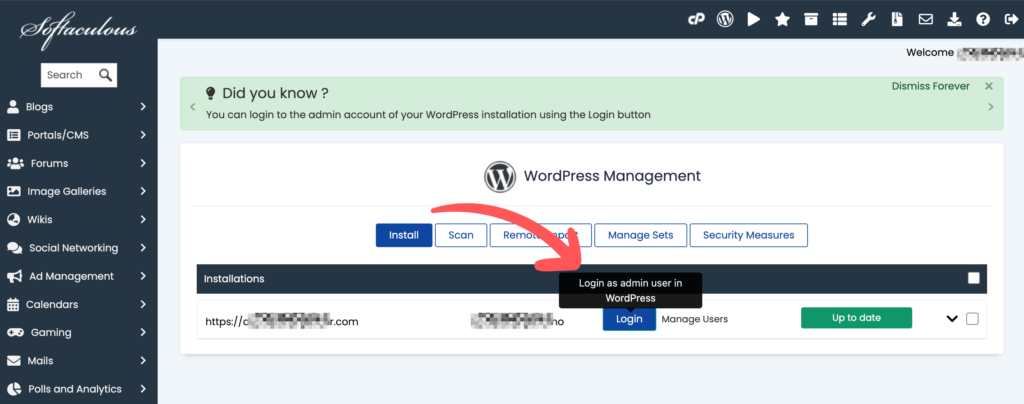 Login to WordPress from Softaculous