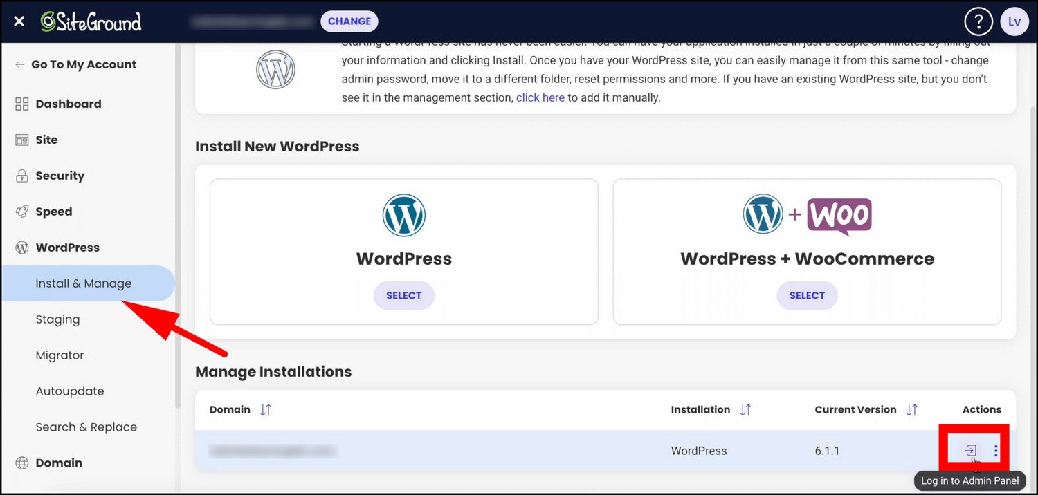 SiteGround WordPress admin Panel
