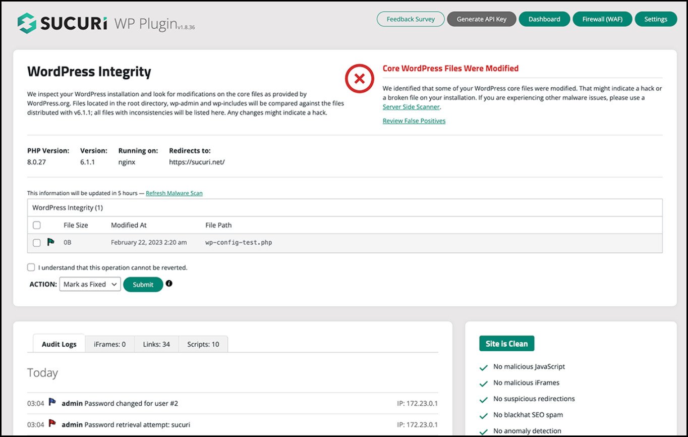 Best WordPress Security Plugin, Sucuri Interface on WordPress dashboard