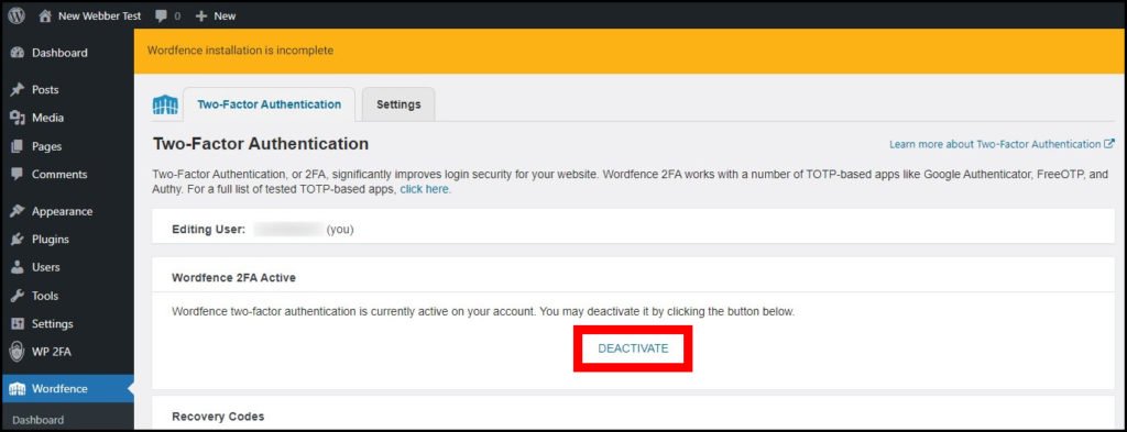Removing two-factor authentication from WordPress